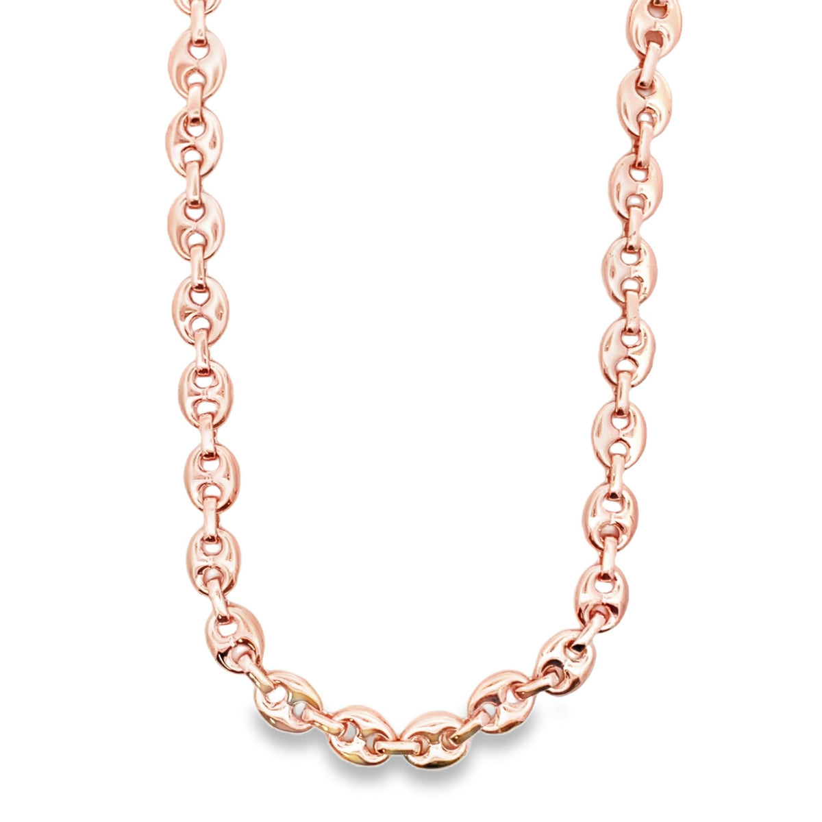 A polished rose gold mariner link chain necklace drapes against a clean white background.