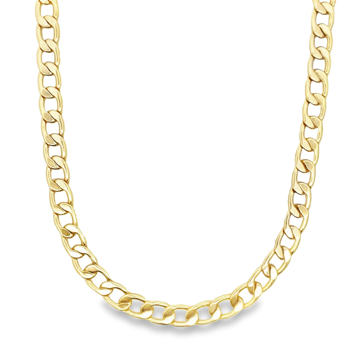A thick yellow gold curb chain necklace curves gracefully against a plain white background.