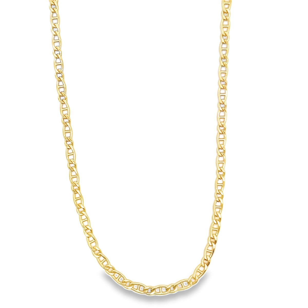 A glossy yellow gold mariner link chain necklace drapes against a clean white background.