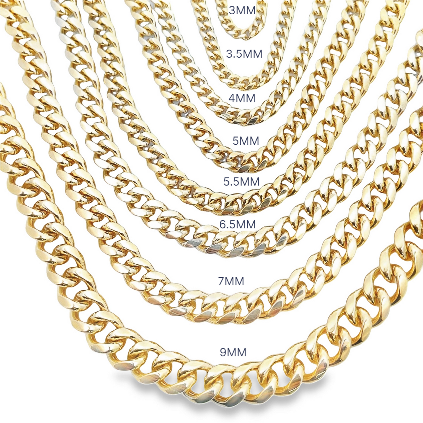 A collection of polished gold cubin link chains displays various thicknesses ranging from 3MM to 9MM.