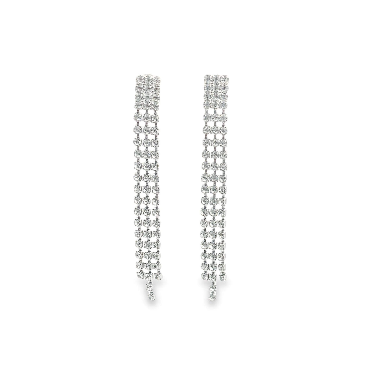 A pair of sparkling crystal fringe drop earrings sparkles against a clean white background.