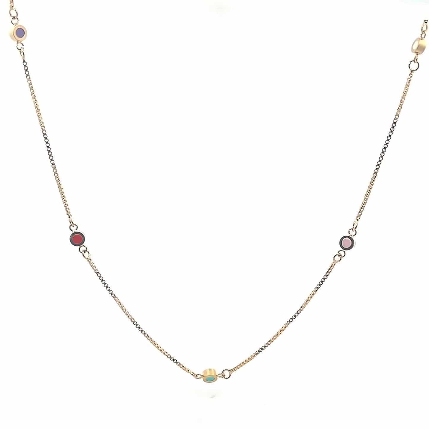 A delicate gold chain necklace features scattered colorful enamel stations against a clean white background.