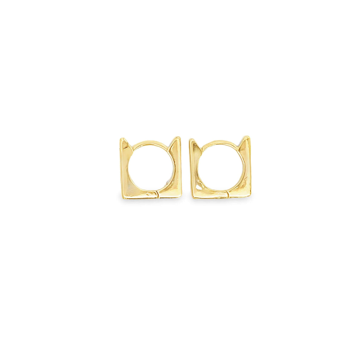 A pair of gold cat ear hoop earrings displayed against a clean white background.