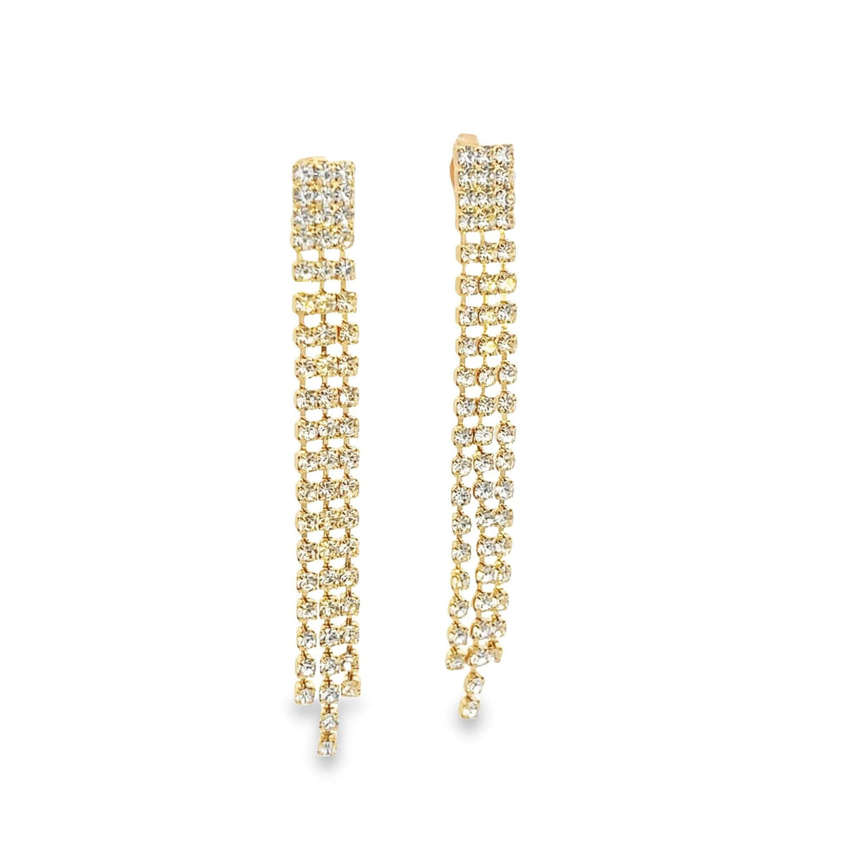 A pair of elegant gold rhinestone dangle earrings sparkles against a clean white background.