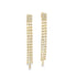 A pair of elegant gold rhinestone dangle earrings sparkles against a clean white background.