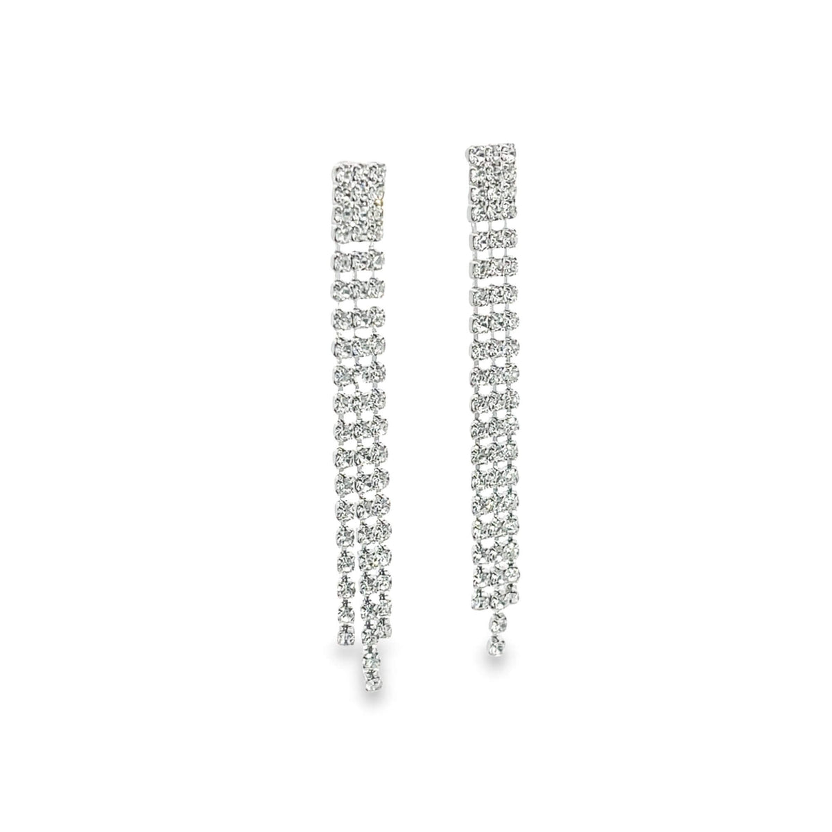 A pair of elegant silver chandelier earrings sparkle against a clean white background.