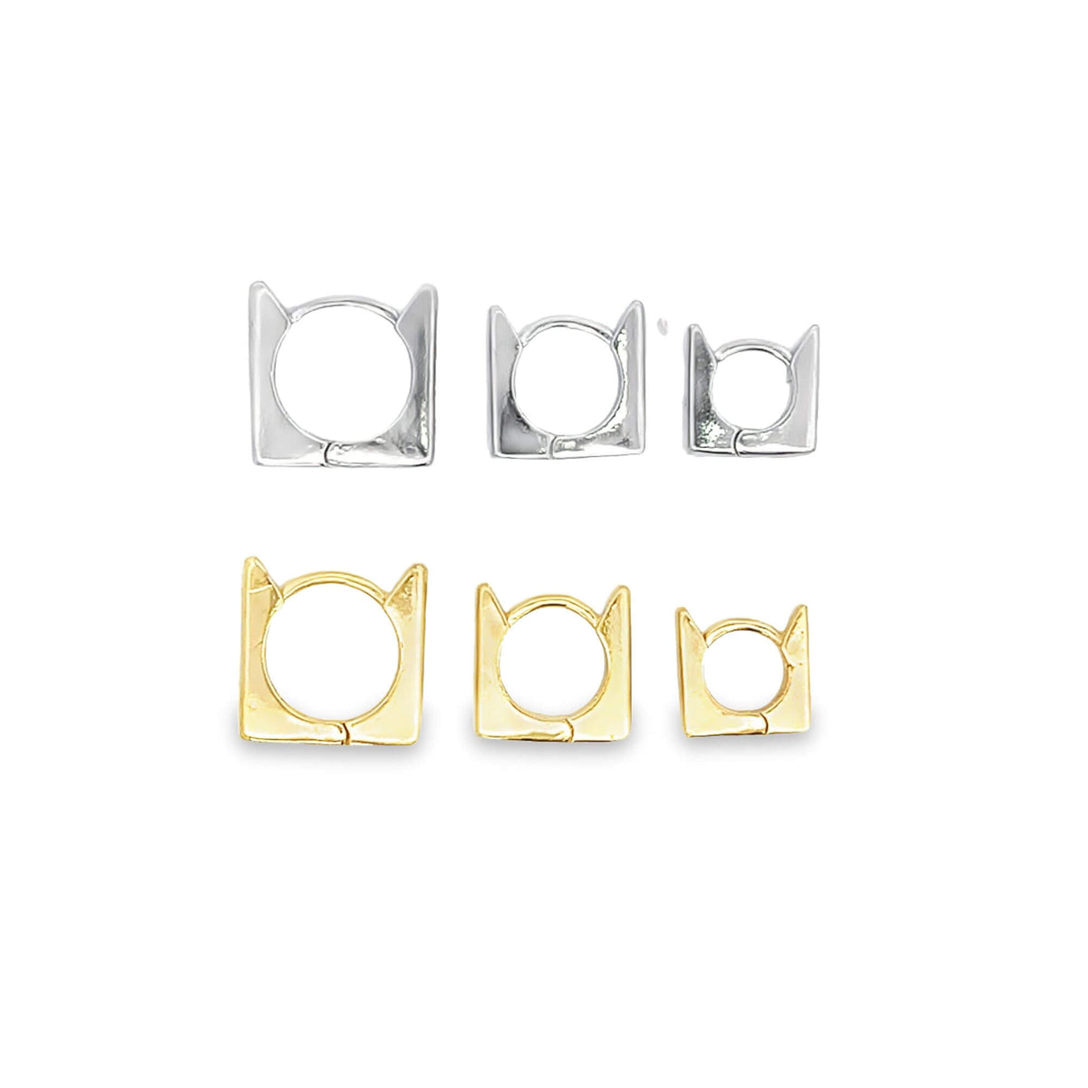 Six silver and gold square huggie hoop earrings with cat ear details are displayed in graduating sizes on a white background.