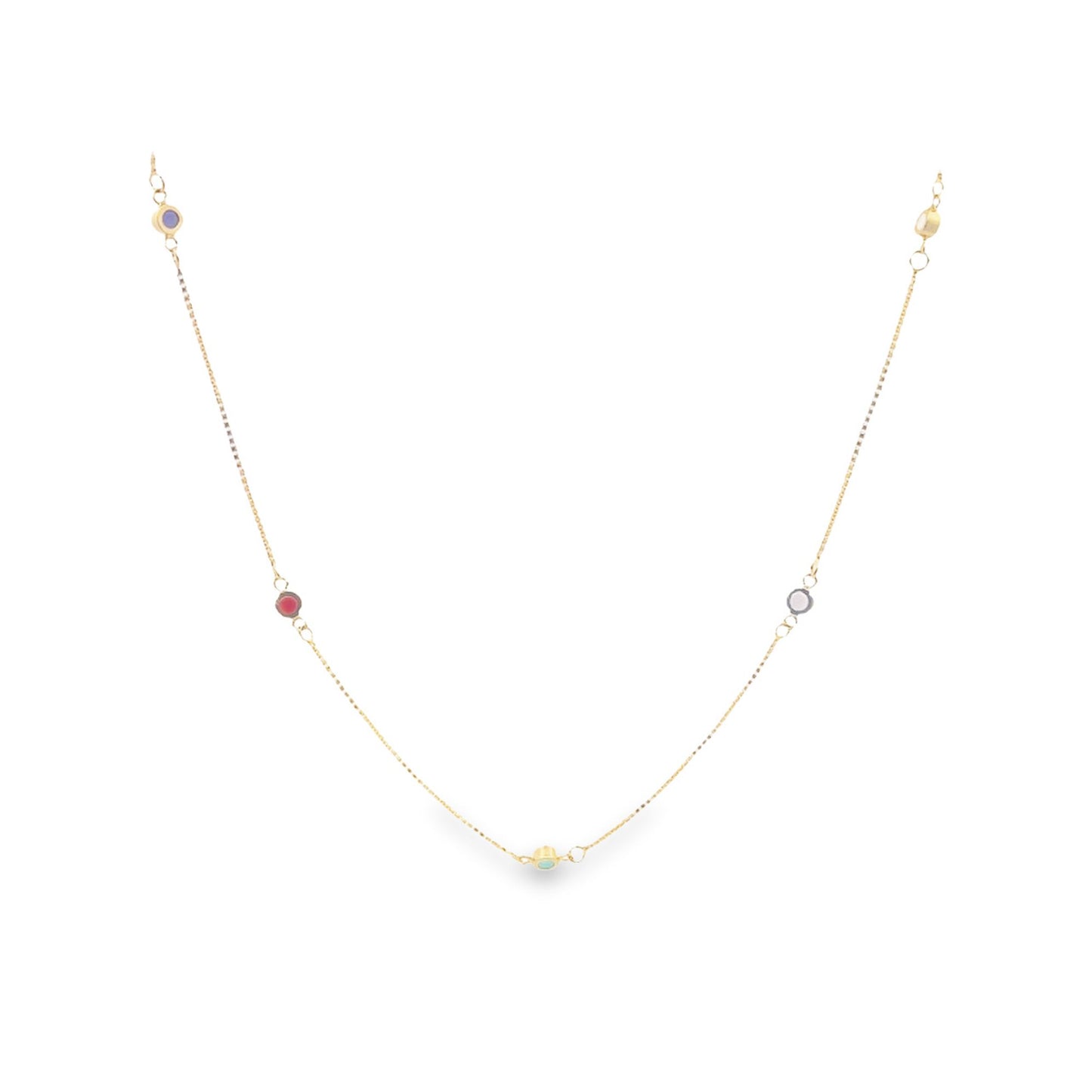 A delicate gold chain necklace sparkles with colorful gemstone stations.