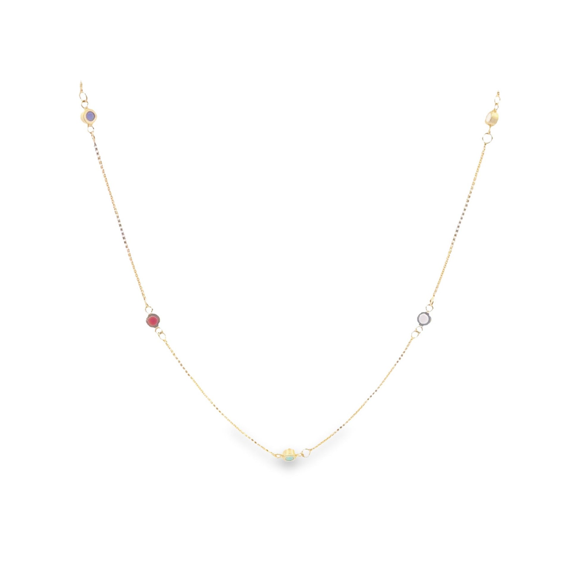 A delicate gold chain necklace sparkles with colorful gemstone stations.