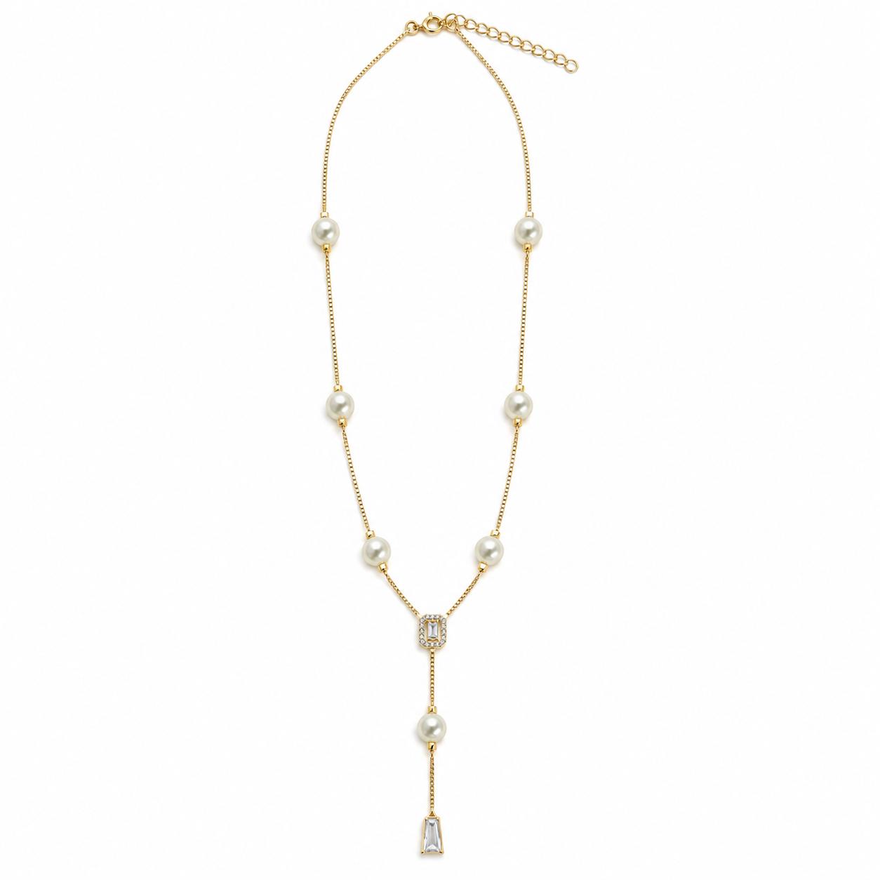 Shop the Pearl Station Lariat Necklace featuring pearl accents, a pavé CZ centerpiece, and elegant cascading crystal drops for a sophisticated statement look.