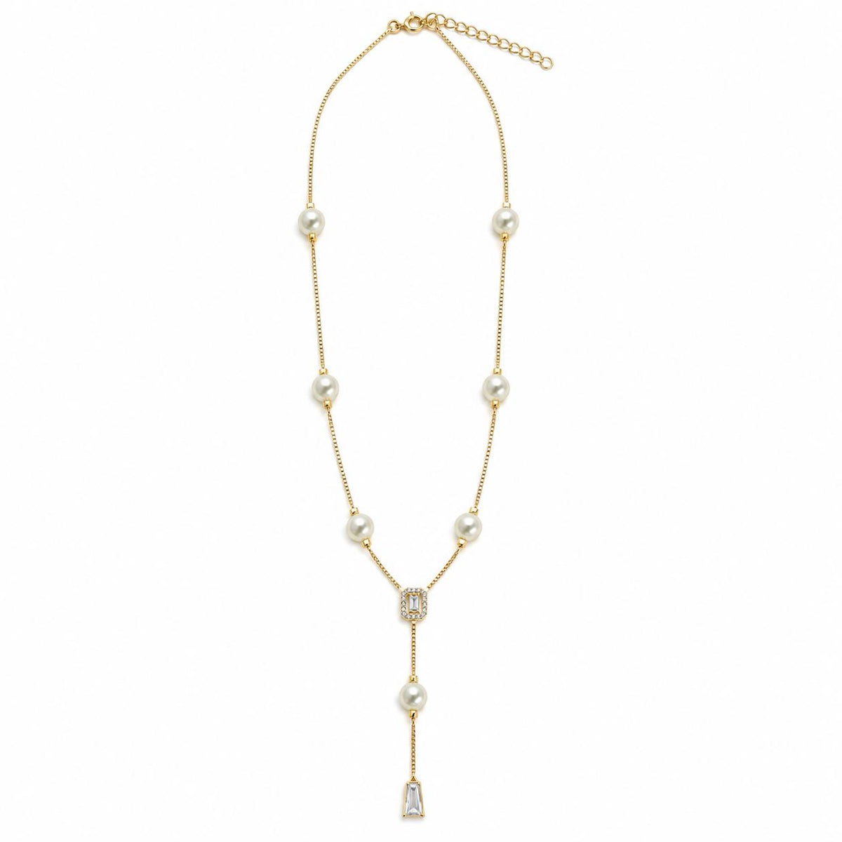 Shop the Pearl Station Lariat Necklace featuring pearl accents, a pavé CZ centerpiece, and elegant cascading crystal drops for a sophisticated statement look.