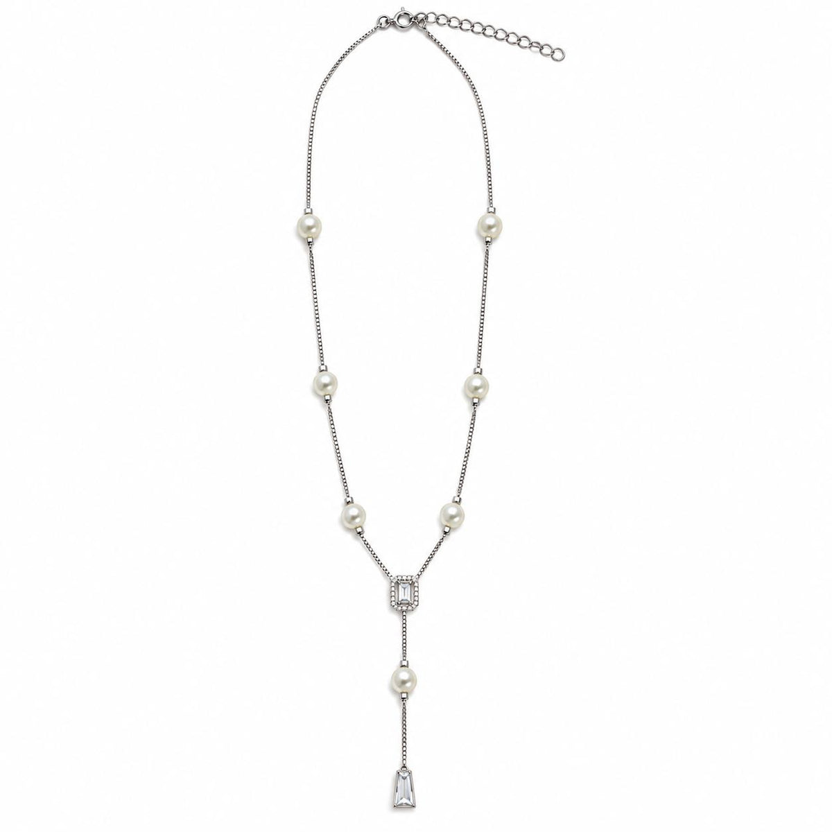 Shop the Pearl Station Lariat Necklace featuring pearl accents, a pavé CZ centerpiece, and elegant cascading crystal drops for a sophisticated statement look.