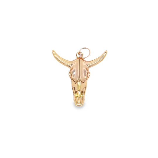 A polished rose gold bull skull pendant gleams against a clean white background.