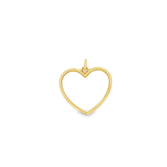 A polished gold heart charm hangs gently against a clean white background.