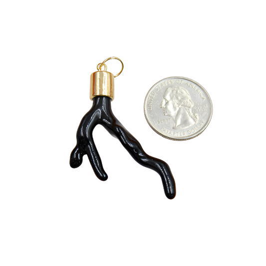 A glossy black branch-shaped pendant with a gold cap rests next to a US quarter coin for scale.