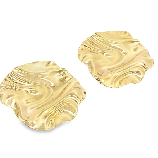 Two shiny gold earrings feature a wavy, organic shape against a clean white background.