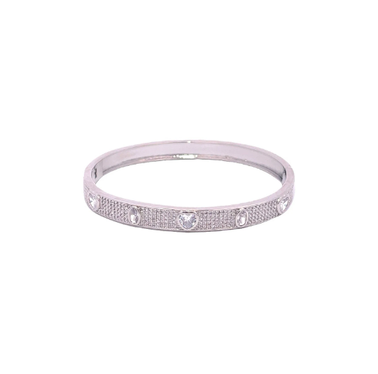 A silver rhinestone-pave bangle bracelet features alternating heart and oval cubic zirconia stones.