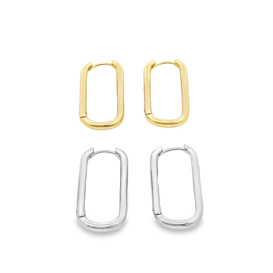 A pair of gold rectangular hoop earrings and a pair of silver rectangular hoop earrings rest on a white background.