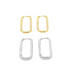 A pair of gold rectangular hoop earrings and a pair of silver rectangular hoop earrings rest on a white background.