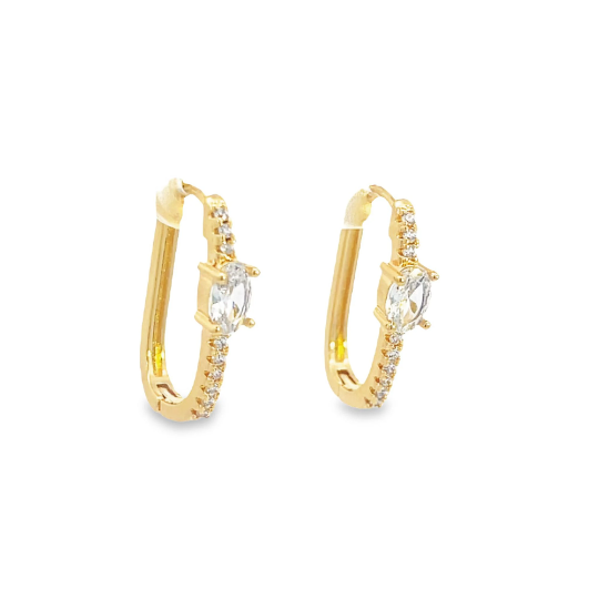 A pair of gold U-shaped hoop earrings features a prominent center crystal accented by delicate pave diamonds.