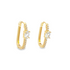 A pair of gold U-shaped hoop earrings features a prominent center crystal accented by delicate pave diamonds.