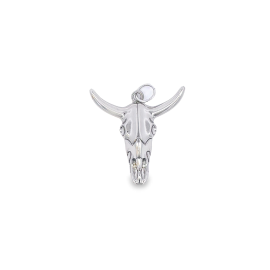 A polished silver bull skull pendant hangs against a clean white background.