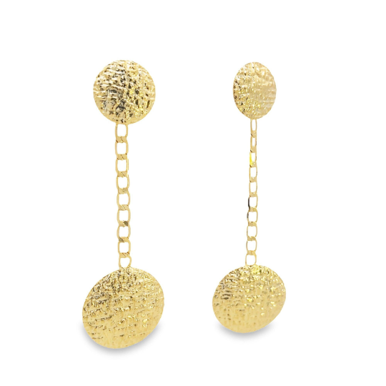 A pair of textured gold drop earrings featuring a chain link design connecting two round discs against a white background.