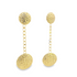 A pair of textured gold drop earrings featuring a chain link design connecting two round discs against a white background.