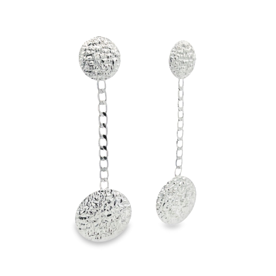 A pair of textured silver drop earrings feature hammered disc charms connected by delicate link chains against a clean white background.