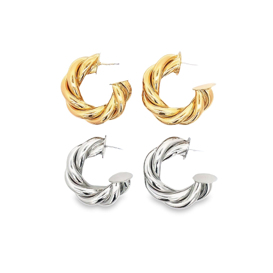 Two pairs of chunky twisted hoop earrings display polished gold and silver finishes on a clean white background.