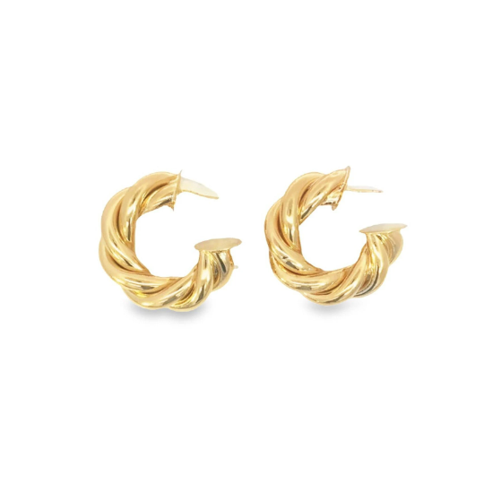 A pair of polished gold hoop earrings features a twisted rope design against a plain white background.