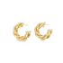 A pair of polished gold hoop earrings features a twisted rope design against a plain white background.