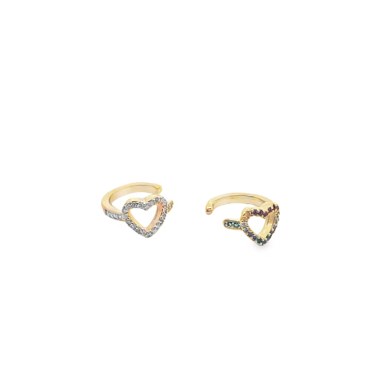 Two gold heart-shaped ear cuffs sparkle with pave-set cubic zirconia and colorful gemstones against a plain white background.