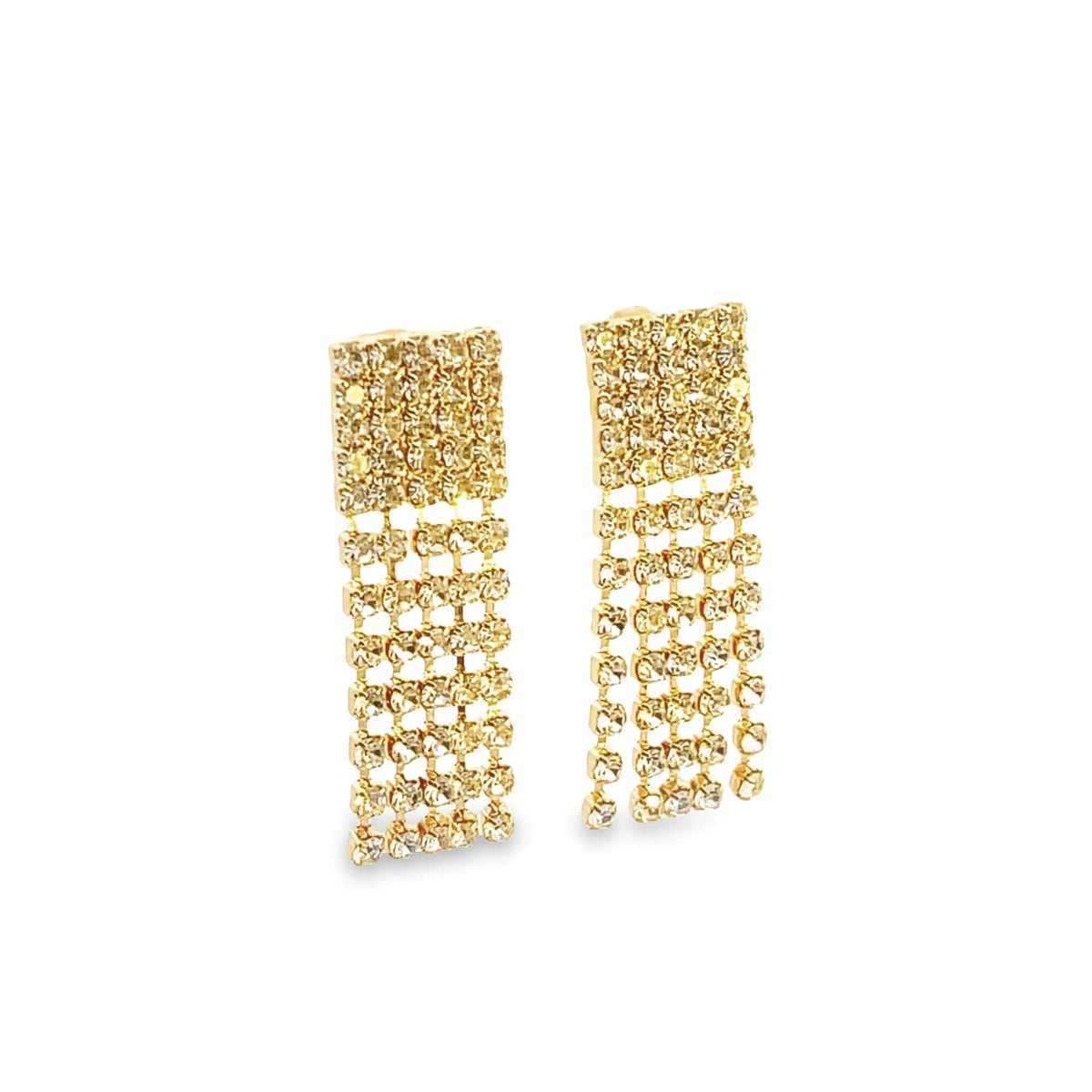 A pair of gold rhinestone dangle earrings sparkles against a clean white background.
