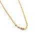 A close-up shot displays a delicate, shimmering gold chain necklace with interlocking links against a clean white background.