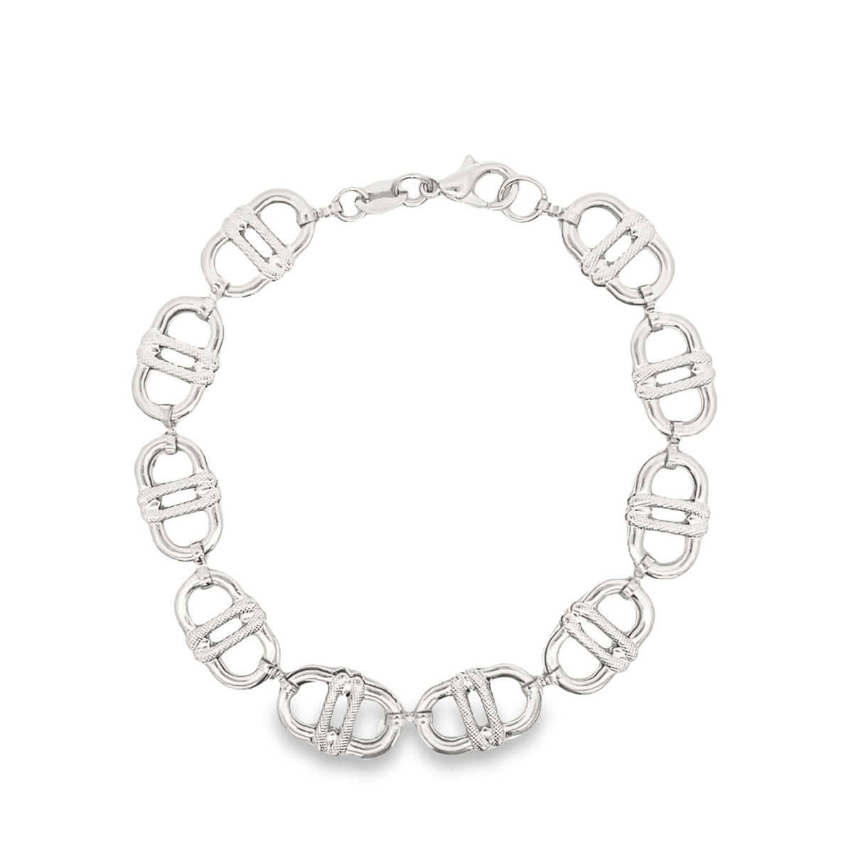 A polished sterling silver link bracelet featuring textured anchor chain motifs circles against a clean white background.
