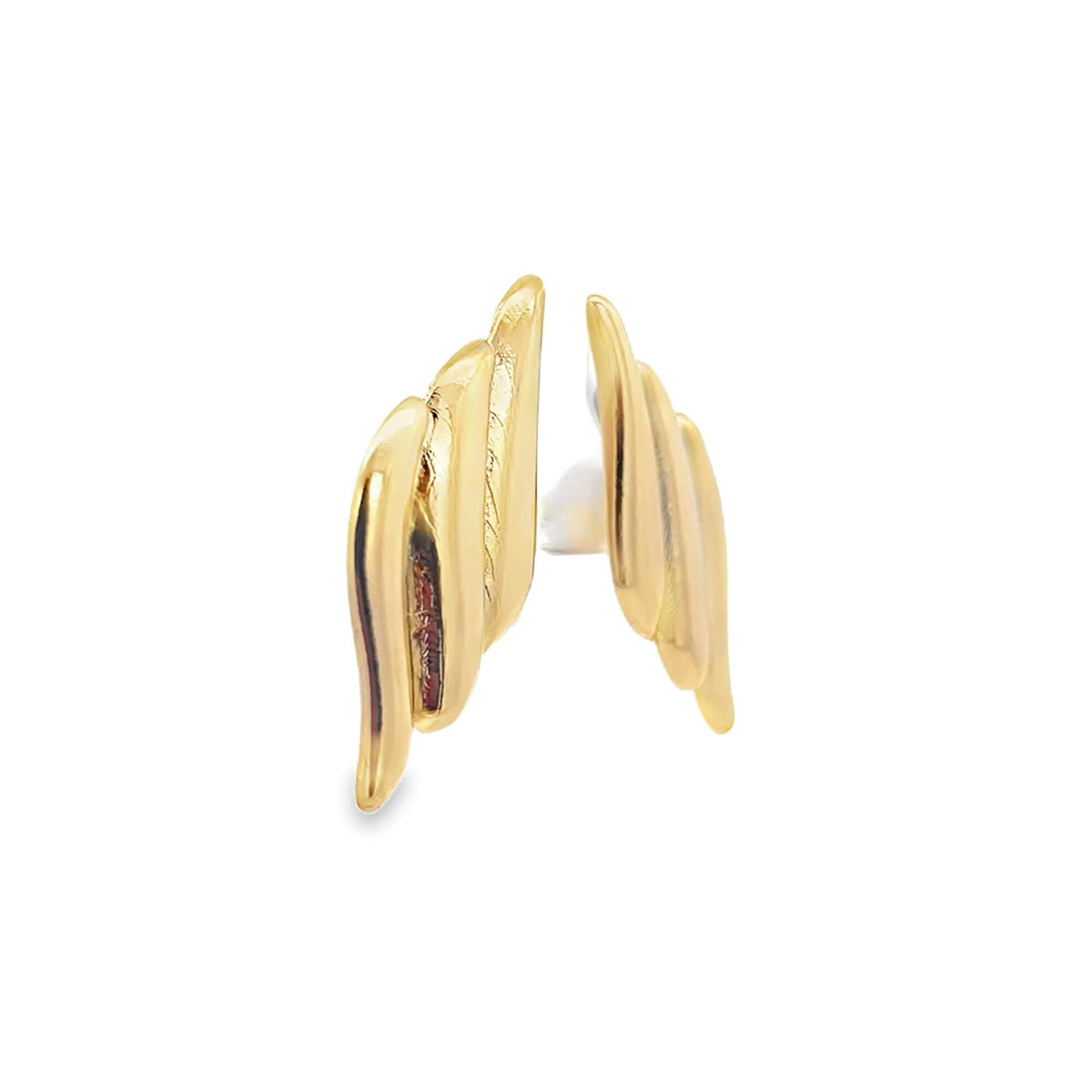 A pair of minimalist gold-plated abstract wing-shaped earrings showcases layered metallic curves against a clean white background.