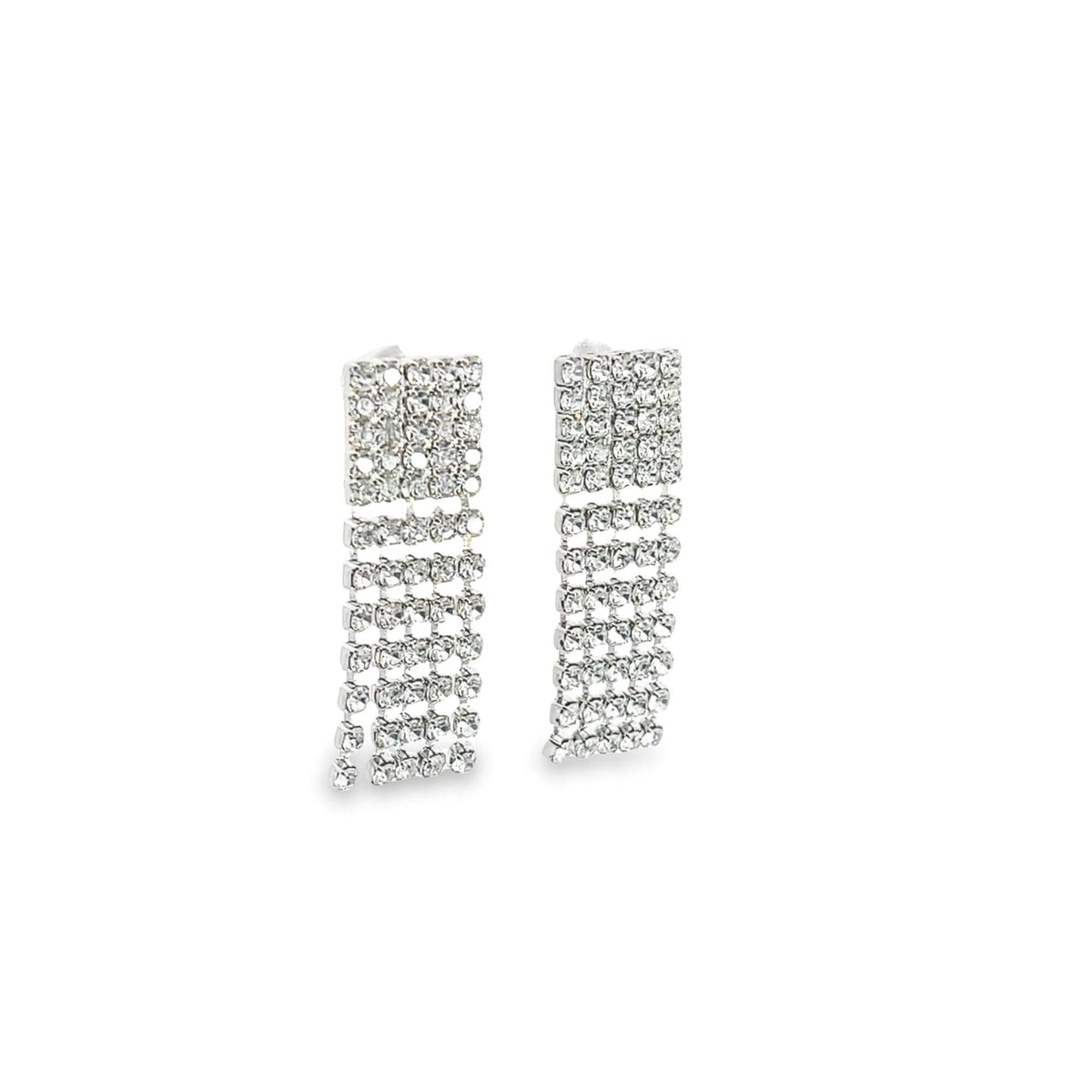 A pair of sparkling rhinestone tassel drop earrings sparkles against a clean white background.