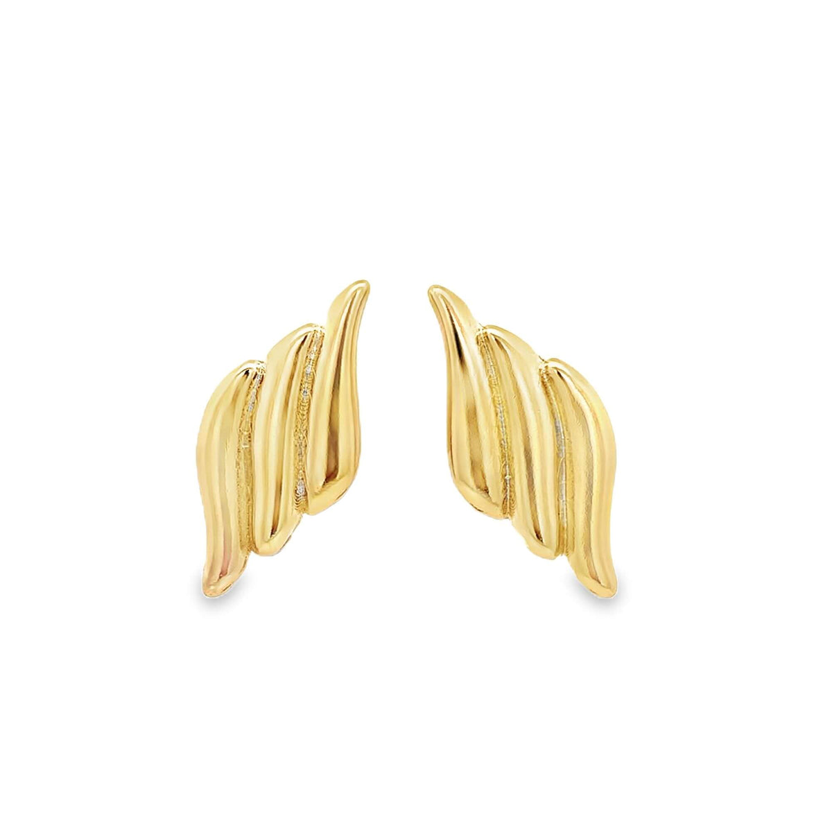 A pair of polished gold wing-shaped stud earrings displays layered feathers with subtle crystal accents against a clean white background.