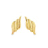 A pair of polished gold wing-shaped stud earrings displays layered feathers with subtle crystal accents against a clean white background.