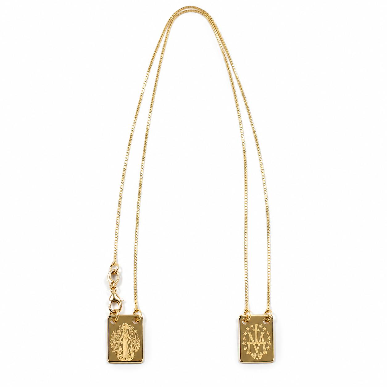 Elegant 18K Gold Filled Miraculous Medal scapular necklace featuring two devotional rectangular medals with the Blessed Virgin Mary and traditional Catholic Miraculous Medal symbol. Lightweight, hypoallergenic, and perfect for everyday wear.