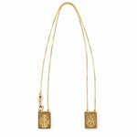 Elegant 18K Gold Filled Miraculous Medal scapular necklace featuring two devotional rectangular medals with the Blessed Virgin Mary and traditional Catholic Miraculous Medal symbol. Lightweight, hypoallergenic, and perfect for everyday wear.