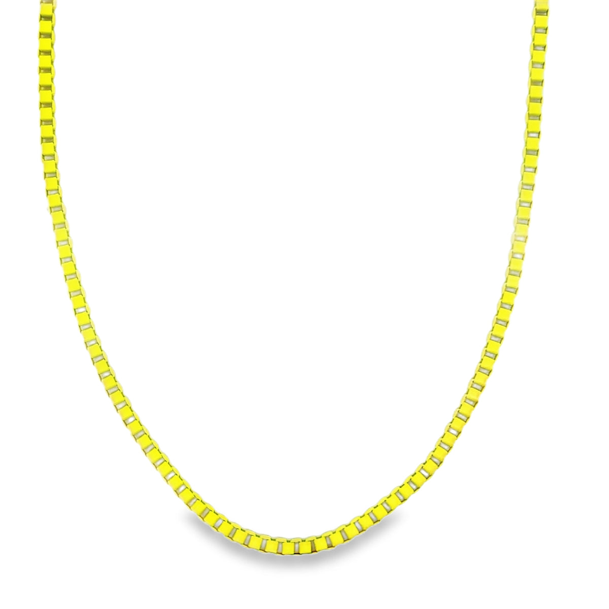 A vibrant neon yellow Venetian box chain necklace curves gracefully against a plain white background.