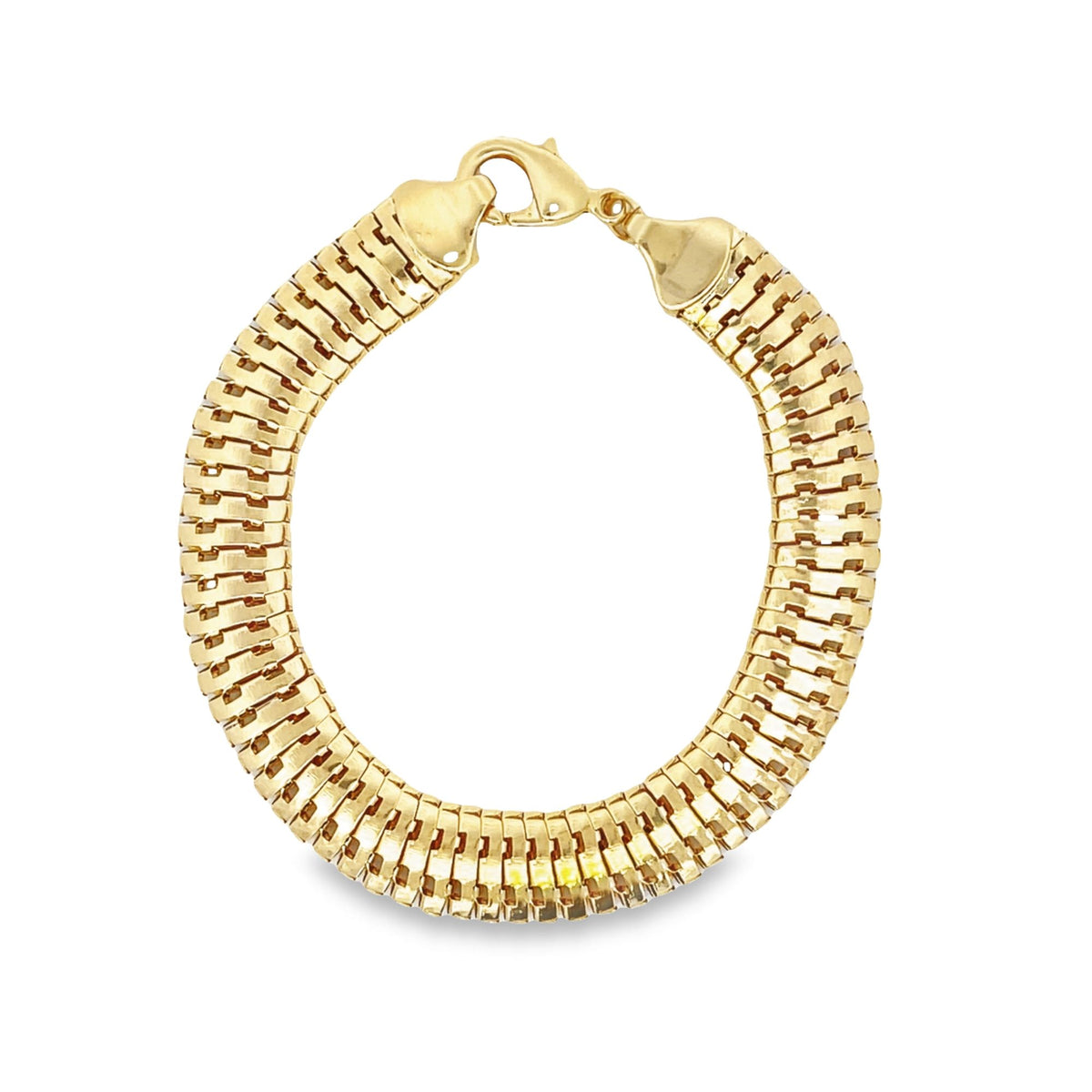 A thick, polished gold chain bracelet curves against a white background, featuring a secure lobster clasp closure.