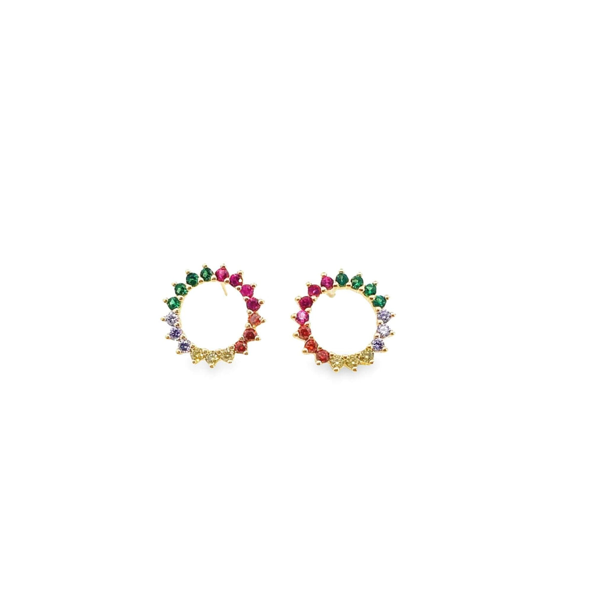 A pair of gold hoop earrings features a vibrant display of multicolored gemstone crystals.