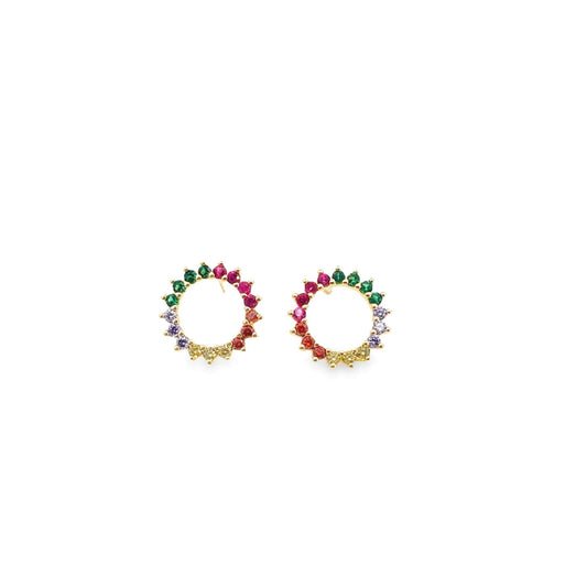 A pair of gold hoop earrings features a vibrant display of multicolored gemstone crystals.