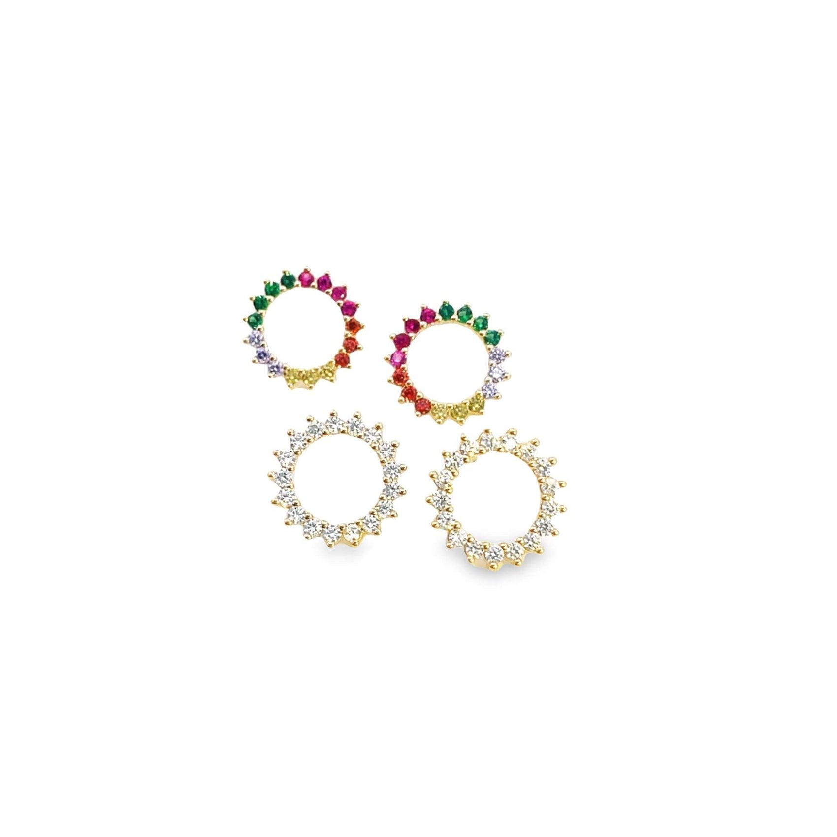 Two pairs of gold hoop earrings showcase vibrant multi-colored gemstone clusters alongside sparkling diamond pavé designs against a clean white background.