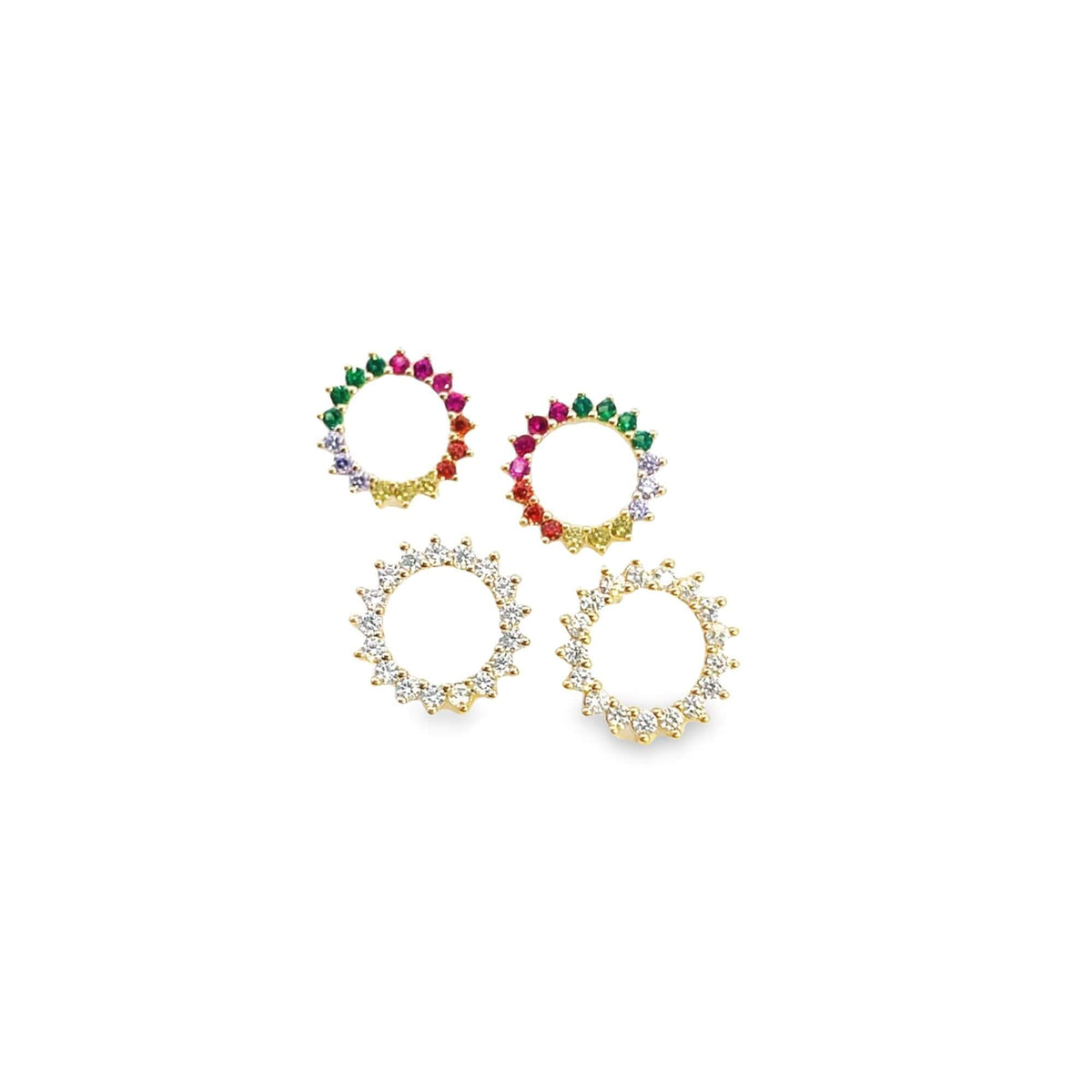 Two pairs of gold hoop earrings showcase vibrant multi-colored gemstone clusters alongside sparkling diamond pavé designs against a clean white background.