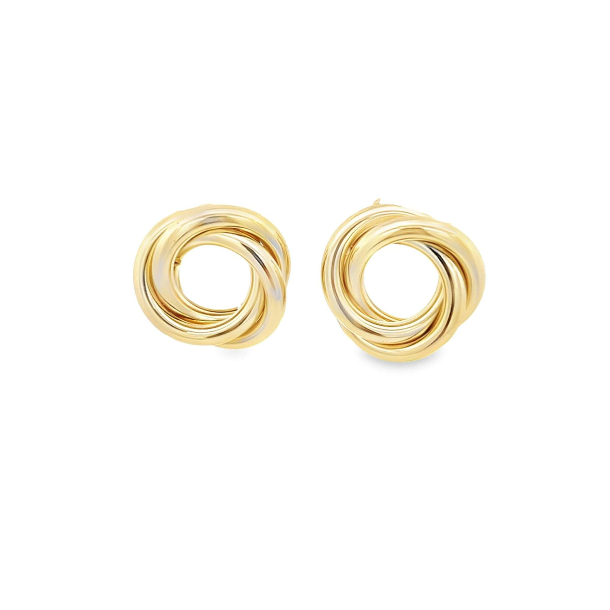 A pair of elegant tri-color gold love knot earrings sit side by side against a clean white background.
