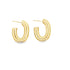A pair of polished gold chunky U-shaped hoop earrings rests against a clean white background.